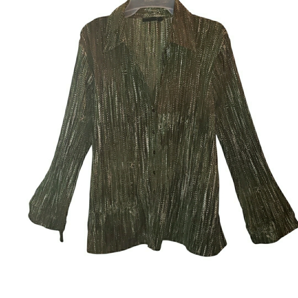 APT 9 womens 1X blouse long bell sleeves button stretch stripes. 7024